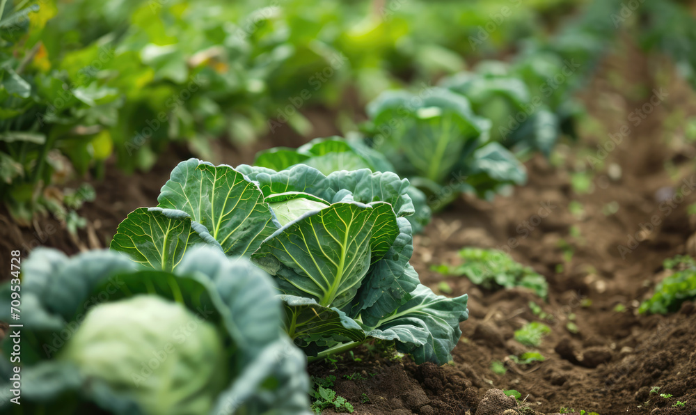 Poster Fresh green cabbages flourishing in the fertile farm soil.