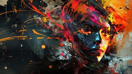Abstract Robot woman. Abstract, industrial space with bold colors and chaotic elements. 