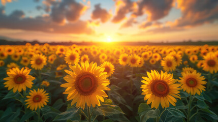 Obraz premium Field of blooming sunflowers on a background sunset