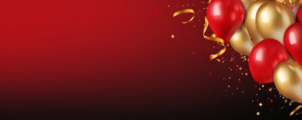Celebration party banner background with red and gold balloons and confetti, with empty copy space Generative AI