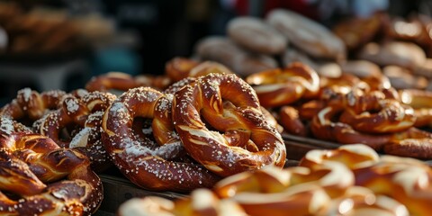 Golden brown pretzels with white salt crystals, ready to be enjoyed at a market.