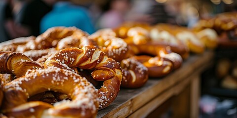 Golden brown pretzels on a wooden table with white salt crystals, ready to be enjoyed at a market.