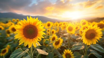 Obraz premium Field of blooming sunflowers on a background sunset