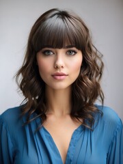 Fototapeta premium Portrait of beautiful women, full bangs hair, tshirt model posing in white background, 