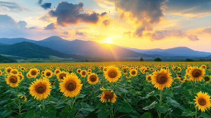 Obraz premium Field of blooming sunflowers on a background sunset