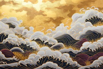 金色の雲海壁紙 雲と波の模様 和風背景イメージ, Generative AI - obrazy, fototapety, plakaty