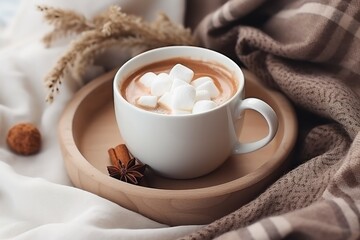 Obraz na płótnie Canvas Closeup of hot cacao cup with marshmallow on cotton napkin