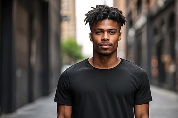 Fototapeta premium Young athletic black men wearing black blank mockup tshirt on a blurred urban background