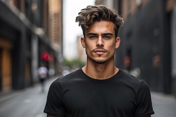 Obraz premium Young athletic men wearing black blank mockup tshirt on a blurred urban background