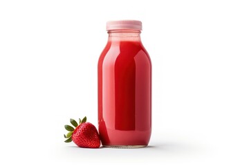 Strawberry juice bottle seen from the front on a white background