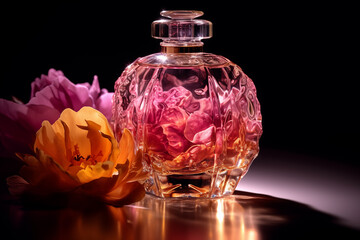 A closed book with a colorful dust jacket sits on a wooden table next to a glass perfume bottle and a crystal vase filled with pink roses.