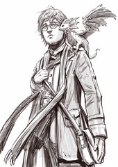 A graphic drawing in pencil. A young adventurer with round glasses. In a scarf and with a dragon on his shoulder. He has disheveled hair and a bag. Grown-up and brave, although small. 2d anime art