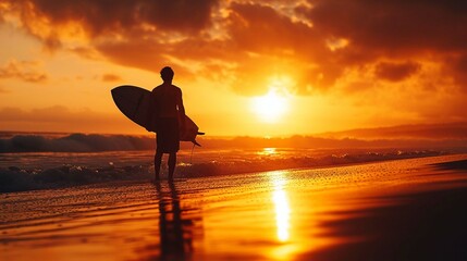 Silhouette of surfer in hawaiian t-shirt with surf board standing on the beach at sunset and looking far, panoramic - obrazy, fototapety, plakaty