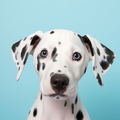 Portrait of a cute Dalmatian puppy with striking blue eyes and distinctive black spots, isolated on a light blue background.