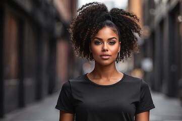 Young athletic black woman wearing black blank mockup tshirt on a blurred urban background