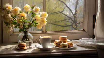 Fototapeta na wymiar A tranquil scene featuring a cup of coffee and colorful macarons on a window sill, beside a vase of fresh yellow flowers, with sunlight streaming in.