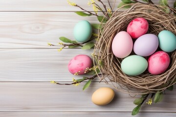 Painted Easter eggs and willow branches on a light wooden background in a basket