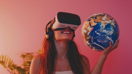 Smiling pretty woman with vr headset and world globe