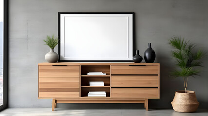 Wooden cabinet, dresser against concrete wall with empty blank mock up poster frame with copy space.