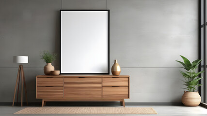 Wooden cabinet, dresser against concrete wall with empty blank mock up poster frame with copy space. - obrazy, fototapety, plakaty