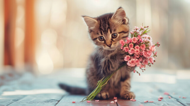 Cute cat holding bouquet of flowers and give for surprise in valentines day or holiday gift, love and romantic concept