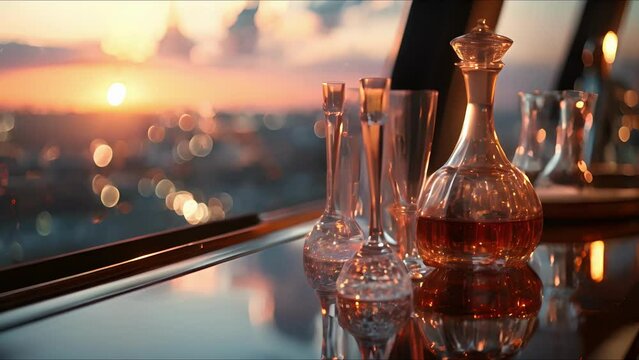 The perfectly p decanter and glasses exude a sense of anticipation, inviting passengers to enjoy a drink while admiring the magnificent city view from the private jet window. A moment of