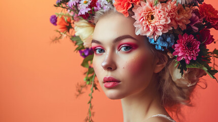 Beauty portrait of young beautiful woman art makeup, flower wreath, posing on peach background.