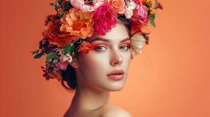 Beauty portrait of young beautiful woman art makeup, flower wreath, posing on peach background.