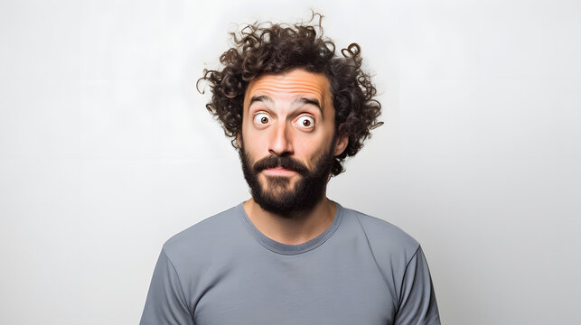 a man with curly hair and beard looking confused and surprised on white background