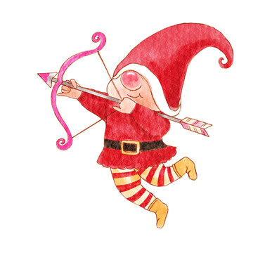 Gnome with valentines day cupid costume . Watercolor painting design . PNG .