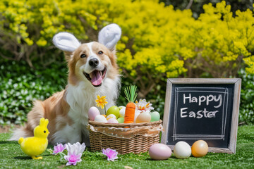 Corgi Celebrating Easter in Garden.
Corgi with bunny ears by Easter basket and flowers in bloom.