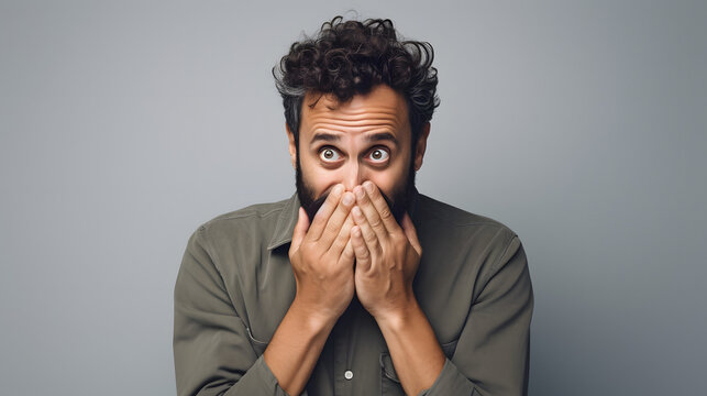 young surprised man covering mouth on grey background