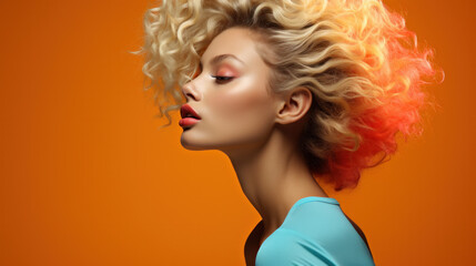 Beautiful woman with multi-colored hair and creative make up and hairstyle. Beauty face.