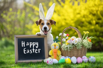 Easter Celebration Dog with Sign.
Dog with bunny ears beside 