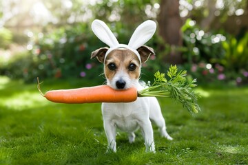 Dog with Bunny Ears Holding Carrot.
Dog in bunny ears carrying carrot in mouth outdoors.