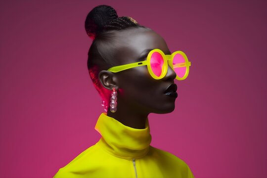 A black fashion model rocking a neon punk look