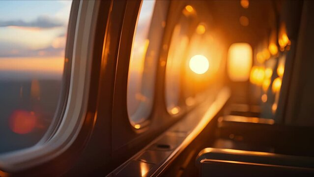 As the sun sets in the distance, the luxurious cabin window curtains provide a sense of privacy and comfort for passengers on their private jet journey.