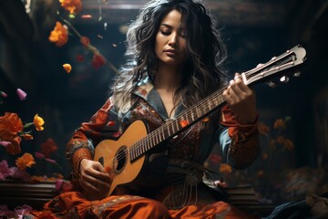 Obraz premium Photo Realistic of an Asian Musician Woman in a Fusion of Traditional and Contemporary Attire, Generative AI