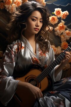 Photo Realistic of an Asian Musician Woman in a Fusion of Traditional and Contemporary Attire, Generative AI