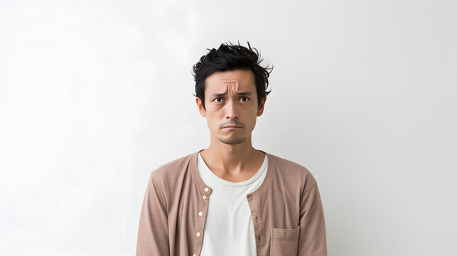 a young asian man looking upset at the camera, isolated on white background.