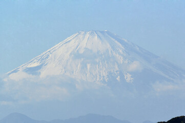 日本神奈川県、世界的な日本を代表する山、冬季の富士山を湘南海岸から眺望