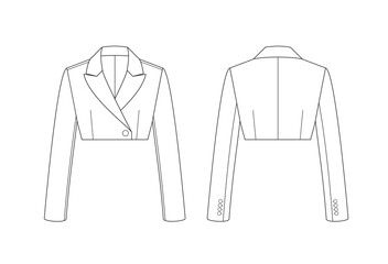 Vector fashion technical drawing of a cropped blazer with front and back view. Peak lapel. One button. Woven fabric.