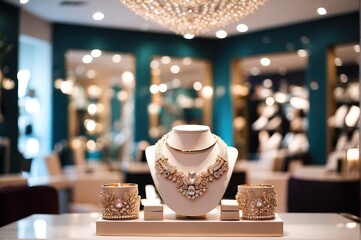 Women jewellery store and accessories luxury fashion store interior, spotlight, bokeh blurred background