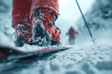legs of a skier on skis during a snowfall, closeup