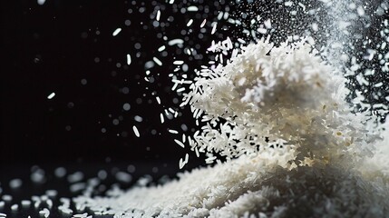 
Stop motion white rice splash or explode flying in the air isolated on black background food object design