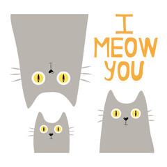 Valentine's Day Card with Cute grey Cats. Simple vector illustration for card design and for children. Pets concept, love and family concept.