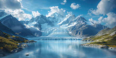 huge alpine glacier melts, giving rise to a lake of clear water - obrazy, fototapety, plakaty