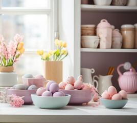 Colored Easter eggs, a vase with tulips on the table against the background of a beautiful light kitchen in Scandinavian style. Easter background, card, wallpaper