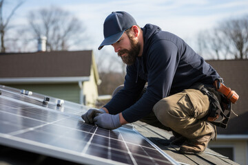 Worker mount solar panels on the roof. Concept of alternative and renewable energy.