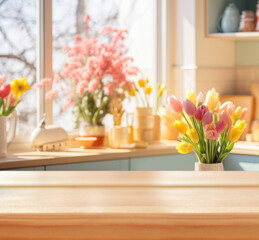 Light empty board against the background of a blurred light spring kitchen with tulips in a Scandinavian style.Ready for product montage.Easter time.Mockup